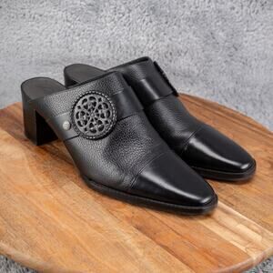 EUC Brighton Trevi Mule Black Leather Hand Laced Medallion Stacked Heel 8 M